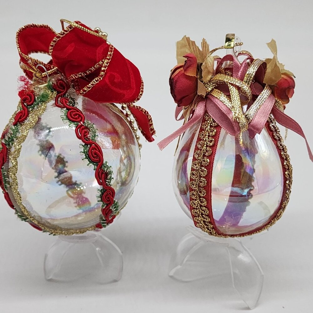 Handmade Glass Christmas Ornaments Red & Gold Ribbon Roses Berries Leaves - Picture 6 of 8